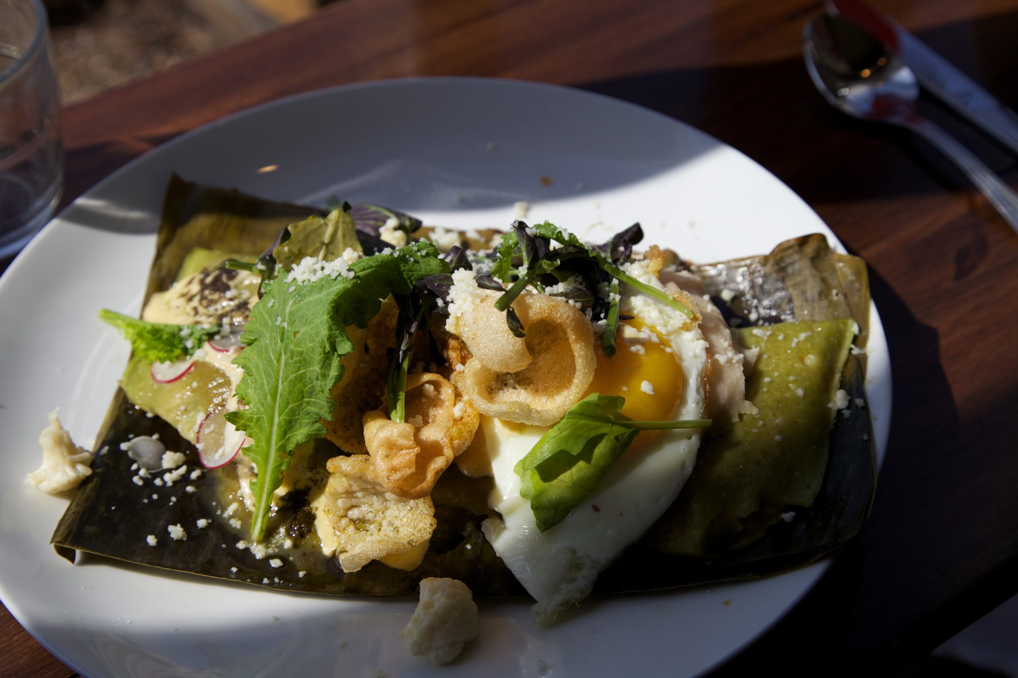 Spring Onion Tamale Sunnyside egg, refried pinto beans, lime chicharonnes, Queso fresco, serrano chili aioli, pickled califlower