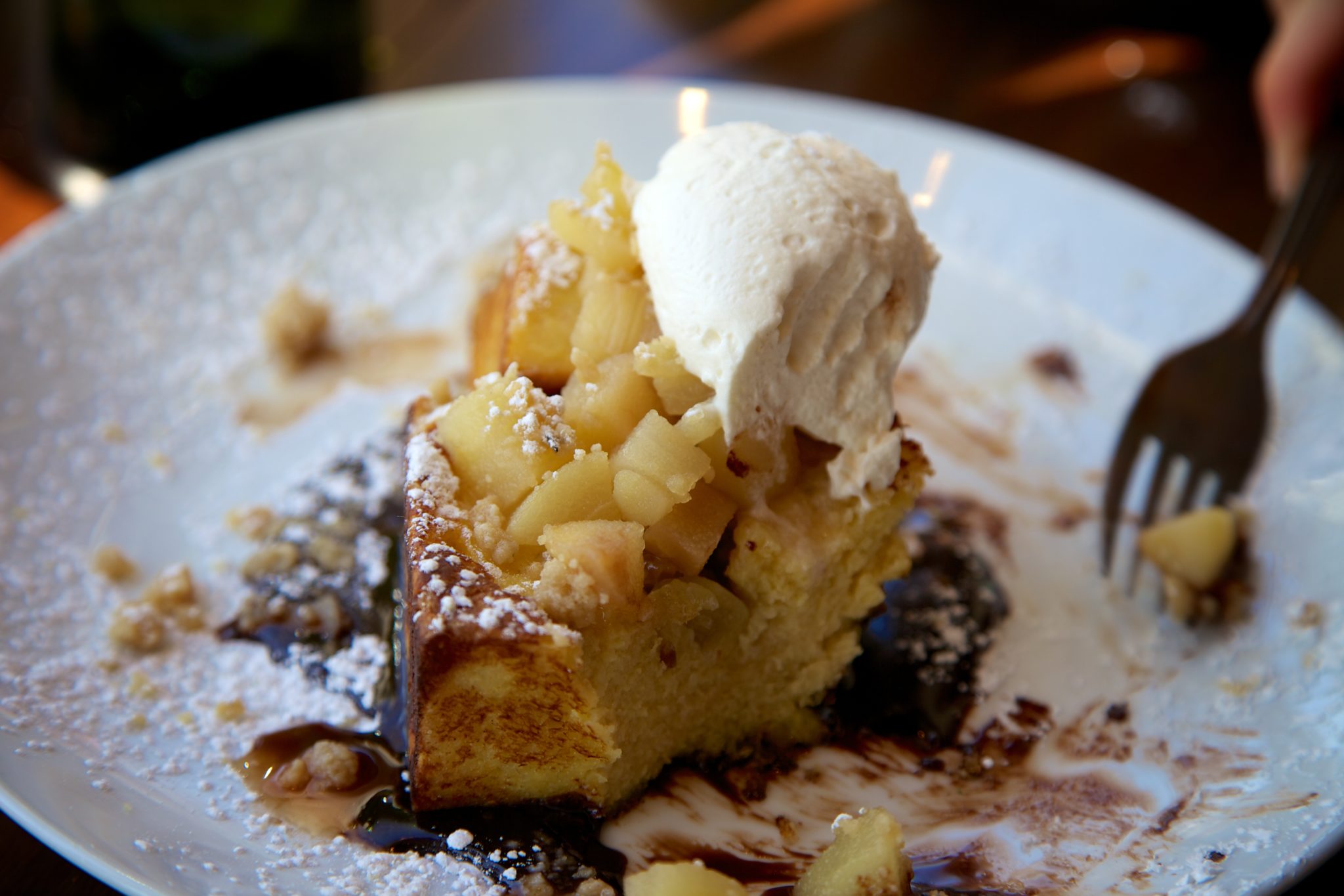 Candied Chestnut Bread Pudding French Toast cognac whipped cream hot fudge, pear, chesnut and rosemary shortbread
